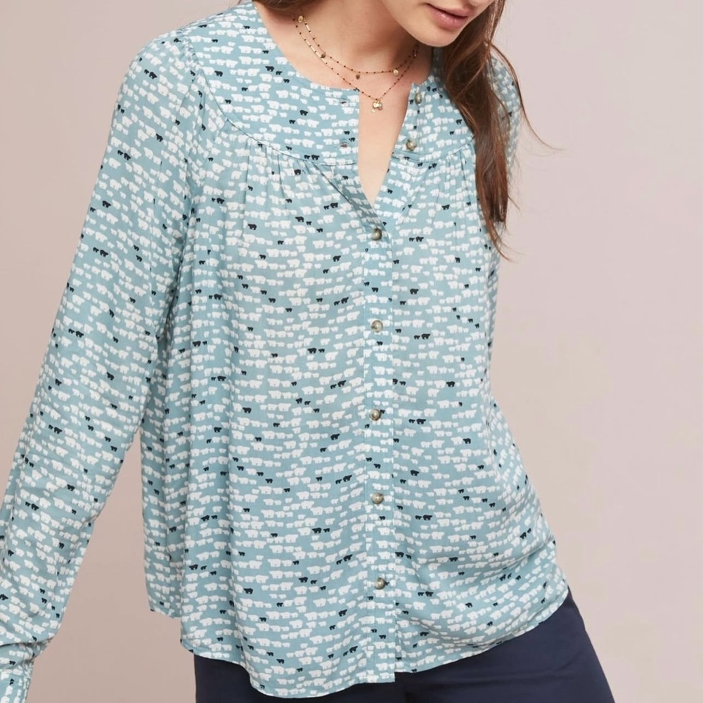Anthropologie Teal and White Blouse